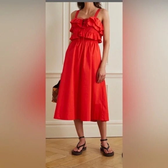 Jason Wu Dresses & Skirts - Jason Wu Red Fire Ruffled A-Line Sleeveless Square Neck Midi Dress Size 10